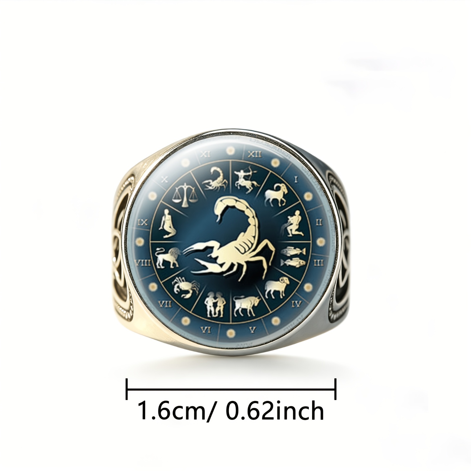 Classic Carved Open Ring with Zodiac Signs and Scorpion Center